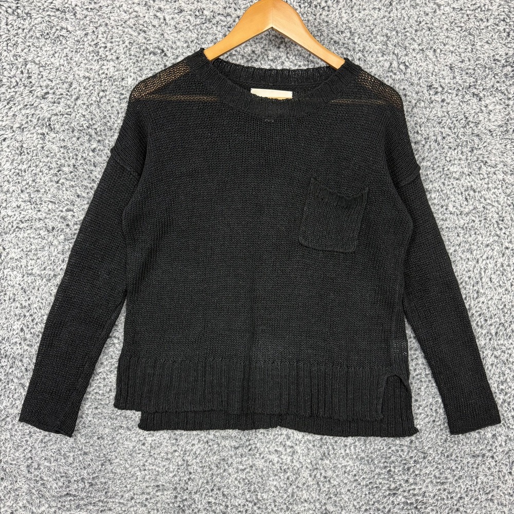 Brochu Walker Sweater Womens Medium Black 100% Linen Open Knit Pocket Pullover